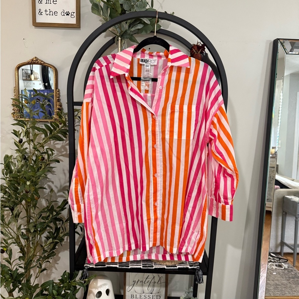 Beach Riot Pink and Orange Striped Button Down Shirt coverup large / XL - Picture 3 of 6